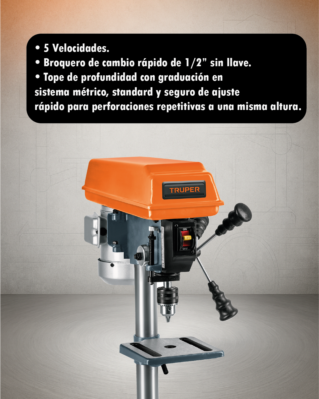 Taladro de piso 8" – 1/3 HP (250 W) – Broquero 1/2" – Truper