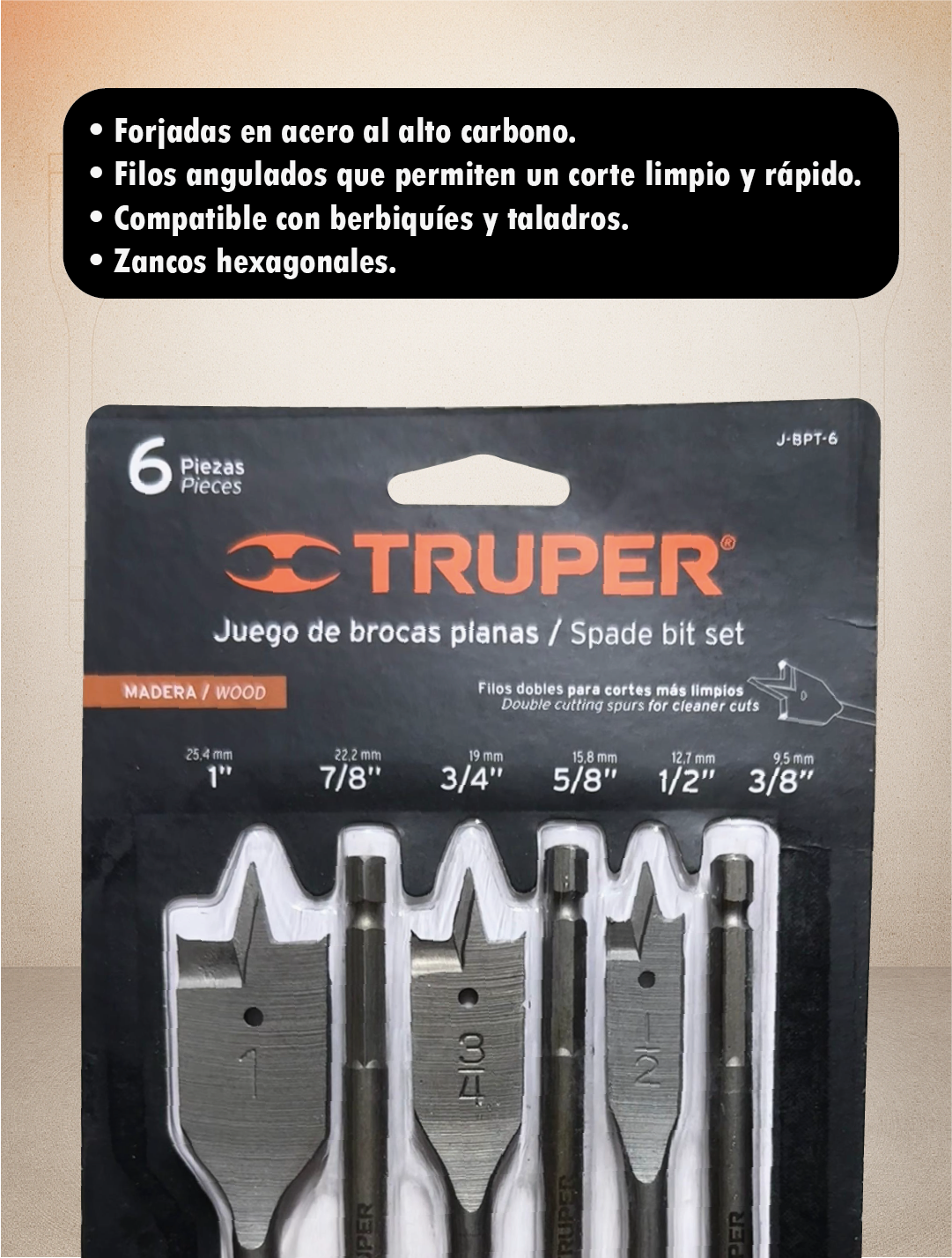 Juego de Brocas p/Madera tipo Espada – 6 Pzs  – Truper