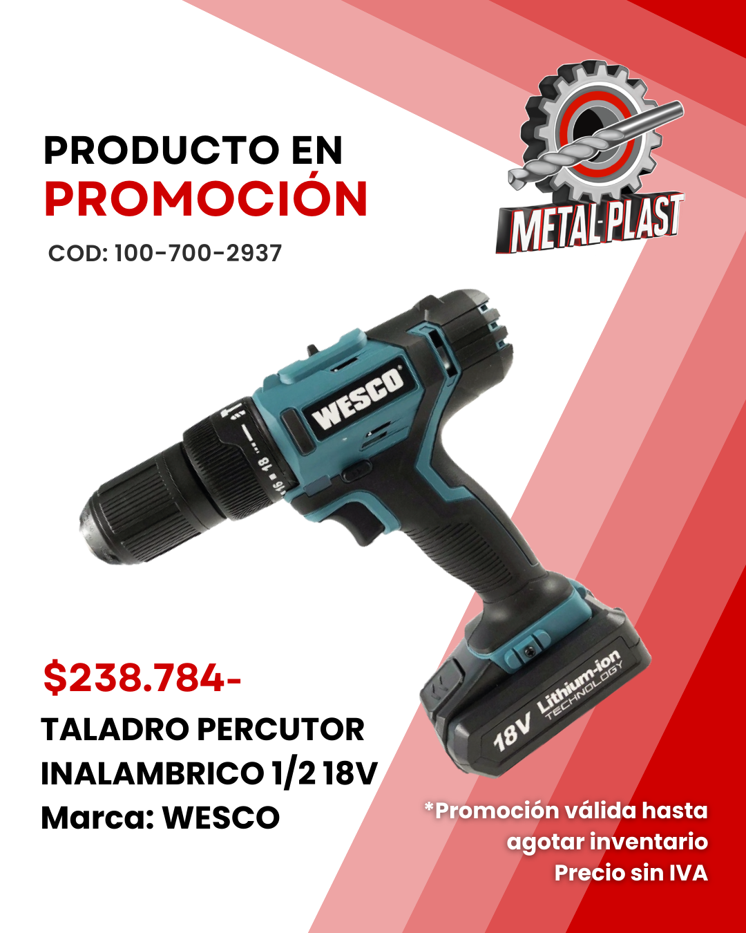 Taladro Percutor Inalámbrico 1/2 - 18V - WESCO