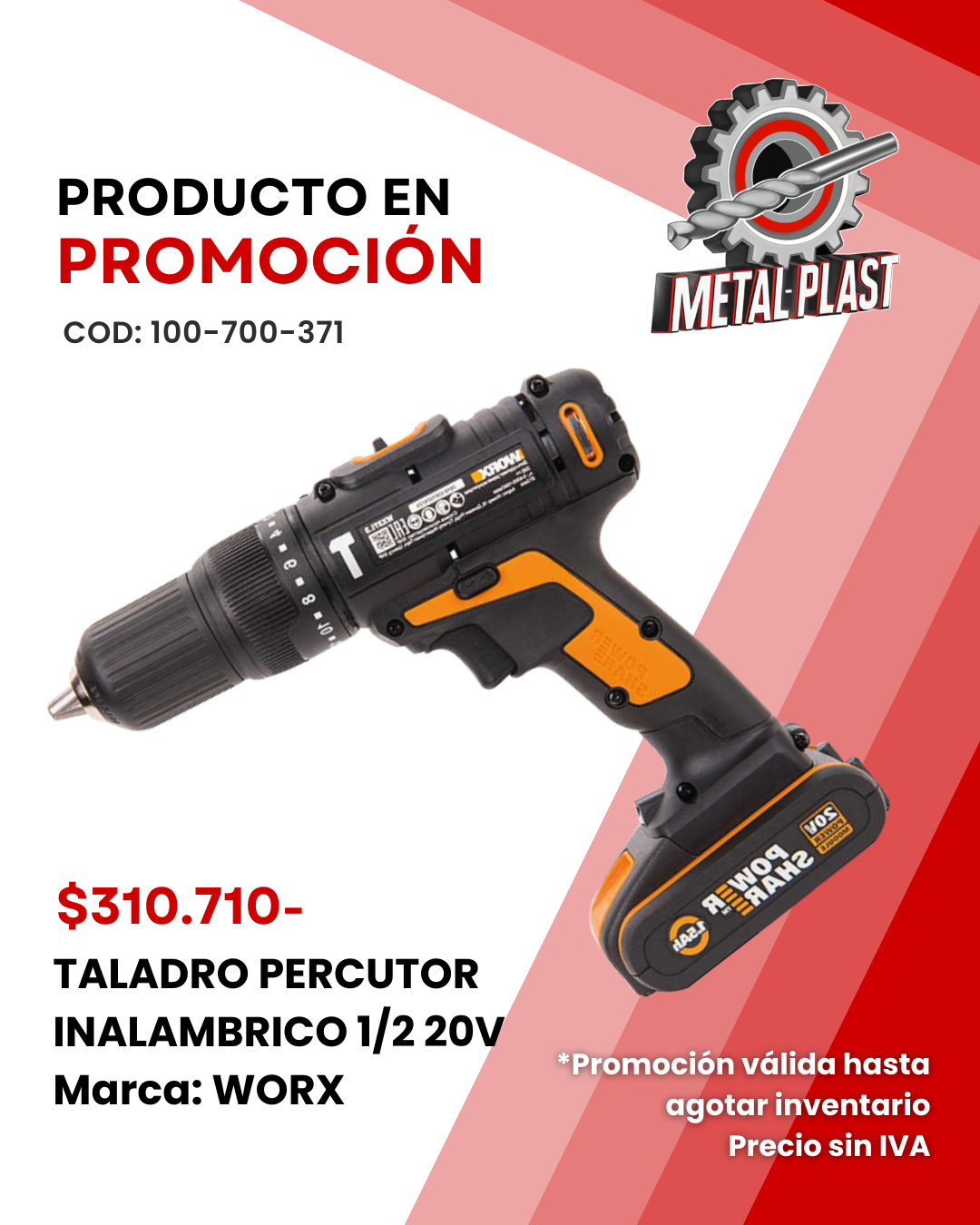 Taladro Percutor Inalámbrico 1/2 - 20V - WORX
