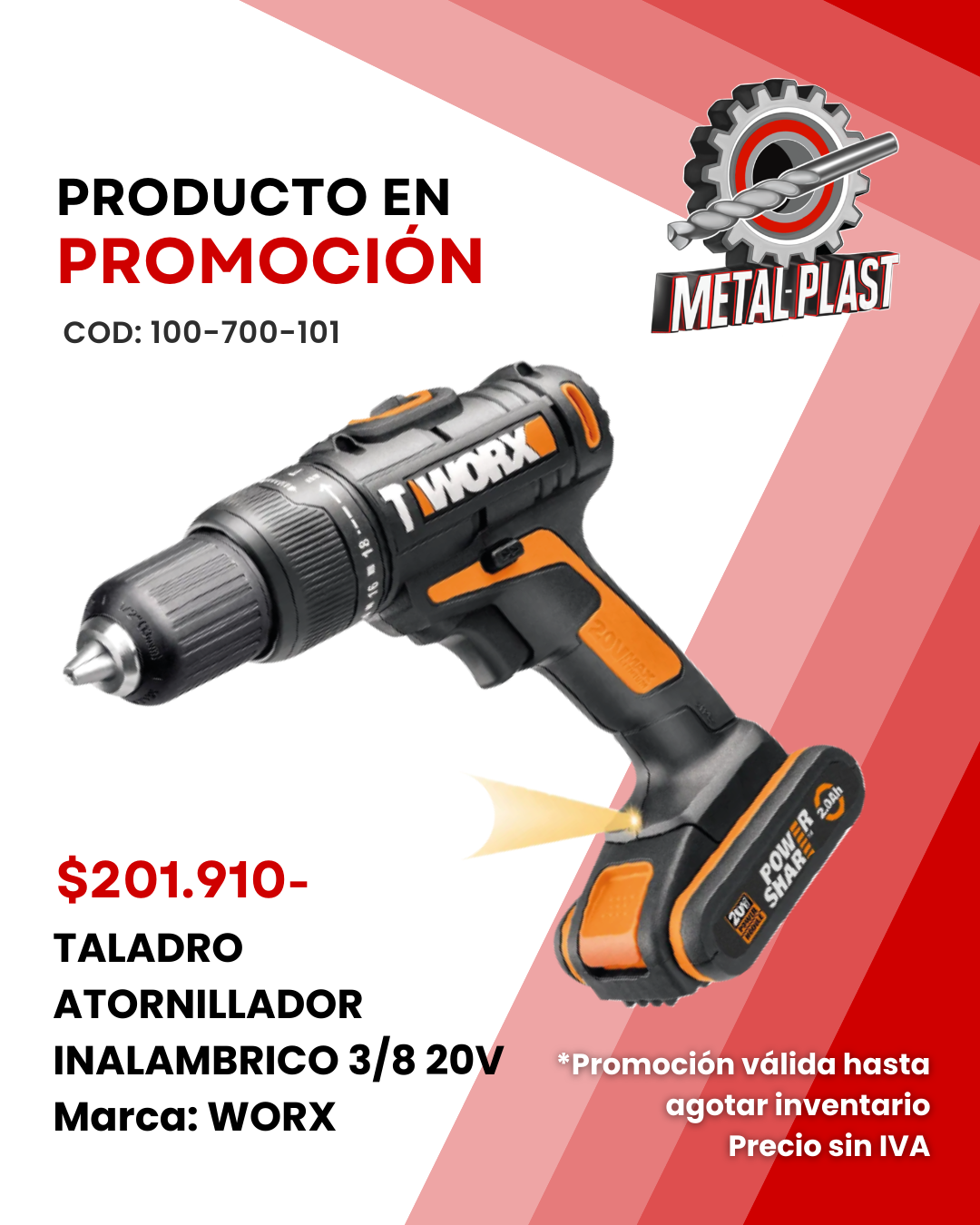 Taladro Atornillador Inalámbrico 3/8 - 20V - WORX