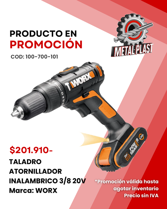 Taladro Atornillador Inalámbrico 3/8 - 20V - WORX
